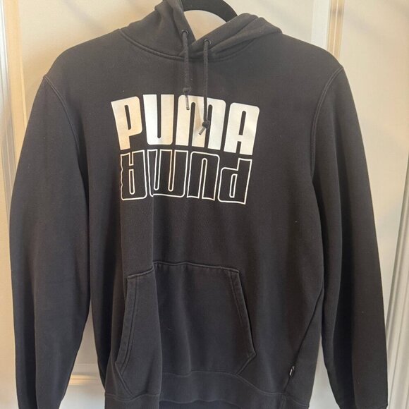 PUMA Hoodie Mens Medium Black Long Sleeve Pullover Kangaroo Pocket Drawstring - Picture 2 of 9